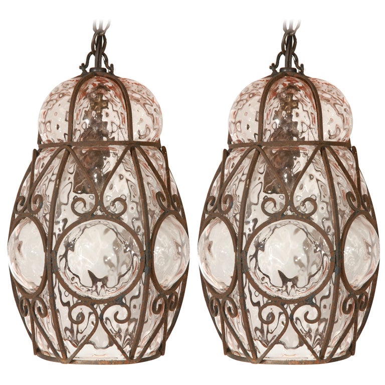 Pair of Italian Wrought Iron and Blown Glass Hanging Lights For Sale