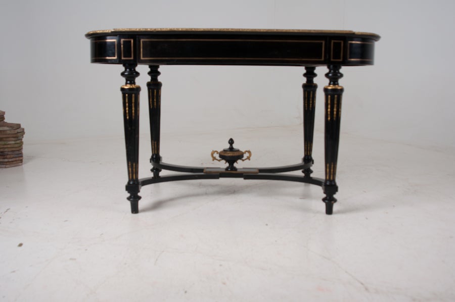 French Louis XVI Style Ebonized & Brass Inlaid Desk 6