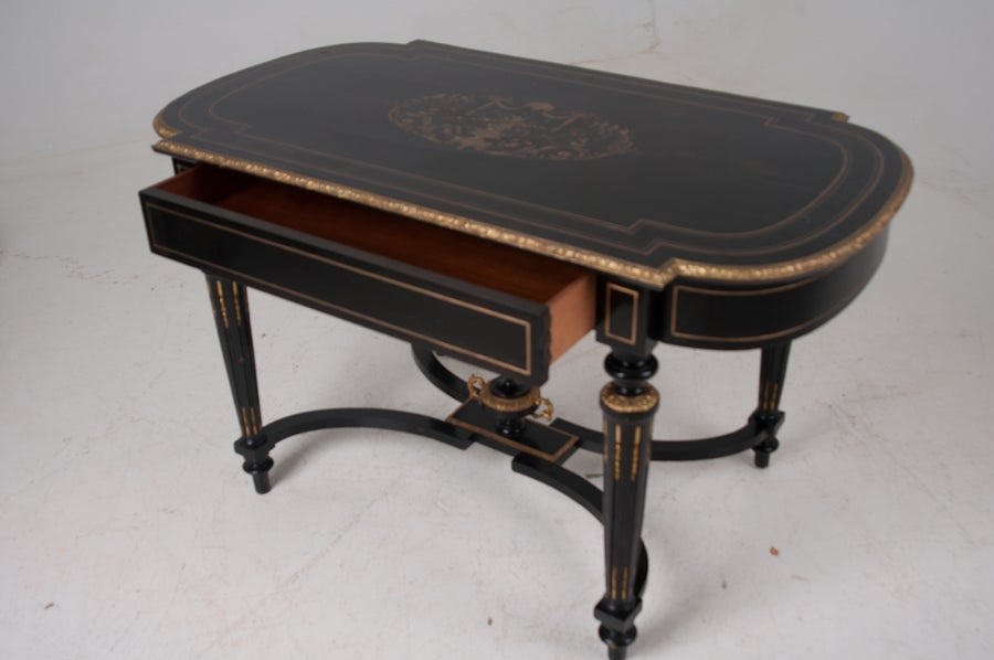 French Louis XVI Style Ebonized & Brass Inlaid Desk 1