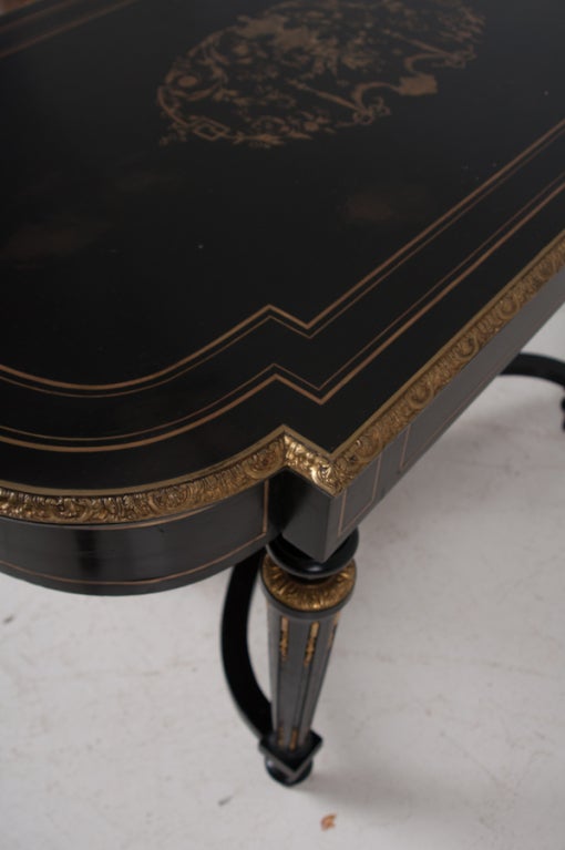 French Louis XVI Style Ebonized & Brass Inlaid Desk 3
