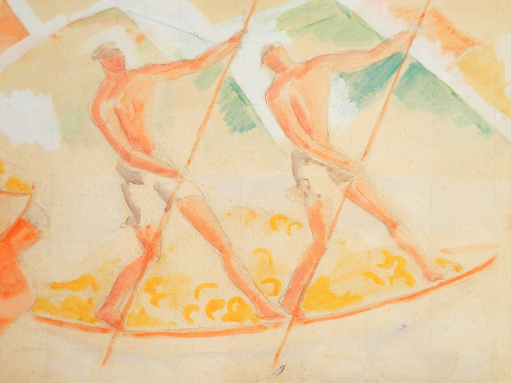 Proof that Scandinavia equalled France in its embrace of Modernism and what we now call Art Deco, this important mural study was made by Jais Nielsen in 1923 for Tivoli Gardens in Copenhagen. Depicting a series of harvest scenes in Italy, complete