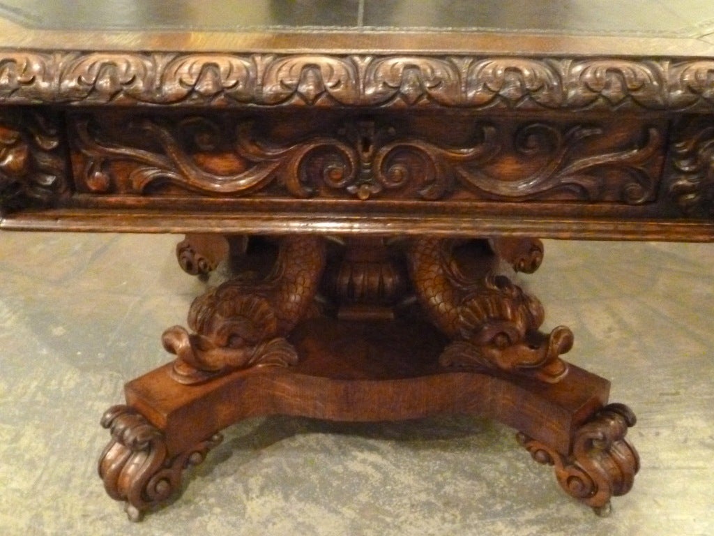 Elaborately Carved English Oak Drum Table