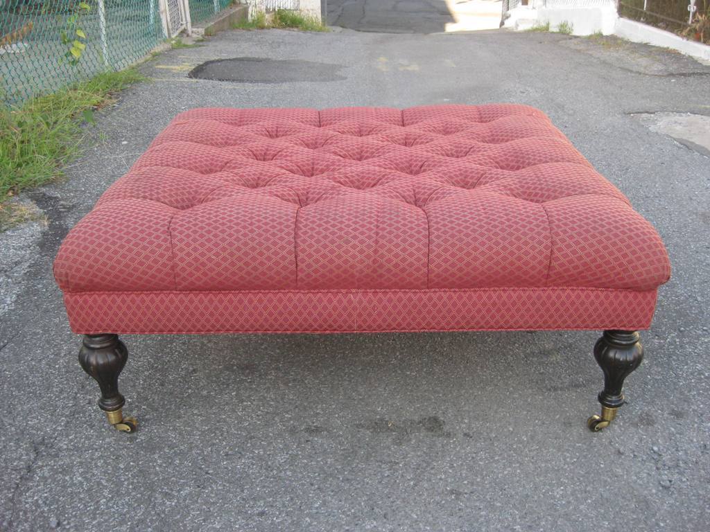 Monumental tufted square rolling Regency ottoman, please visit sjulian.1stdibs. For our inventory and photo shoot rentals, we can provide upholstery upon request at our cost, WCOM WAS this item is no on sale for clearance price.
