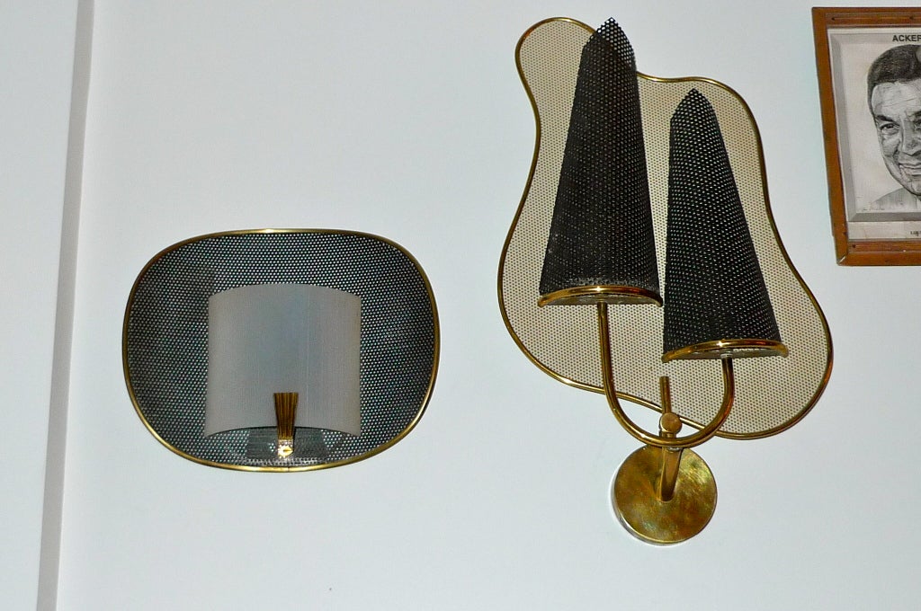 Pair of French Perforated Metal & Brass Modernist Sconces 3