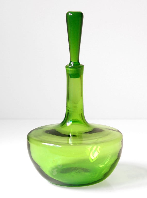 _____

(Items also available individually, please email to inquire.)

LEFT: sold

CENTER: Ovoid decanter with sommerso controlled bubble stopper, designed by Joel Philip Myers in 1967, made for 2 years only.
Design #6717 in Olive Green,
