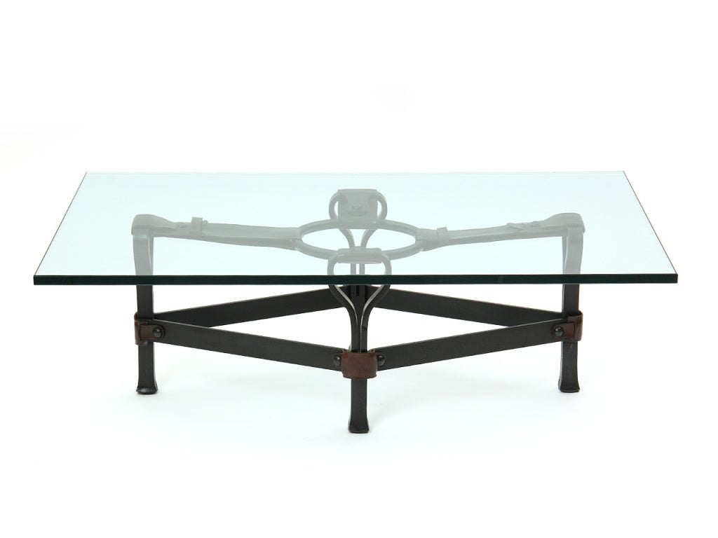 Arts and Crafts Wrought Iron and Leather Low Table For Sale