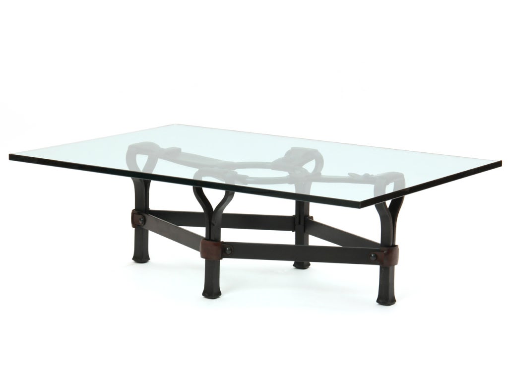 American Wrought Iron and Leather Low Table For Sale