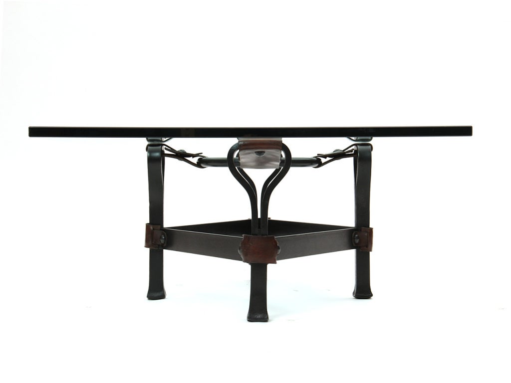 Wrought Iron and Leather Low Table In Excellent Condition For Sale In Sagaponack, NY