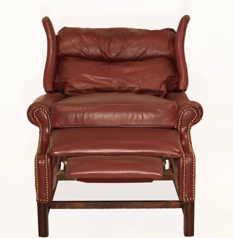 American Traditional Sculptural Wingback Leather, Mahogany and Brass Recliner For Sale