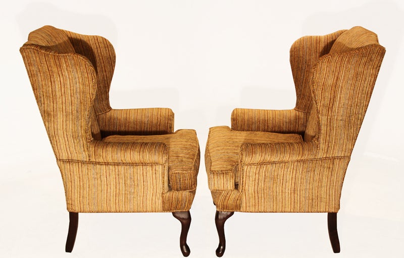 American Pair of Striped Silk Combed Velvet Regency Wingback Chairs For Sale