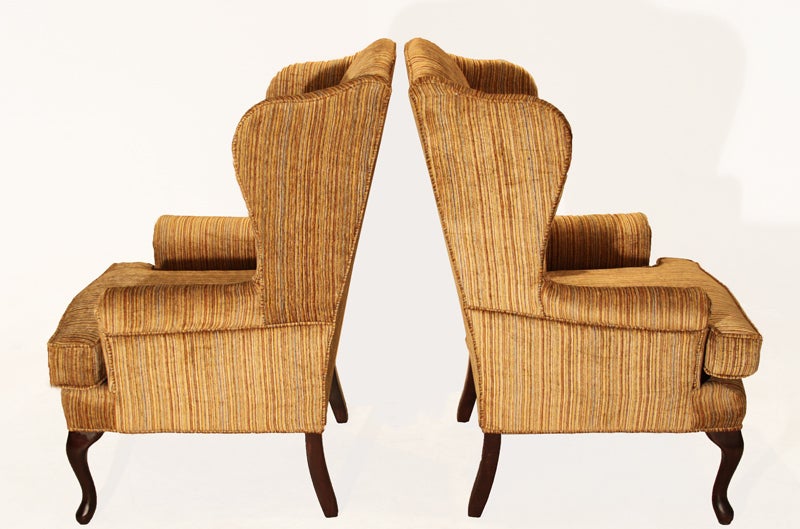 Pair of Striped Silk Combed Velvet Regency Wingback Chairs In Good Condition For Sale In Los Angeles, CA