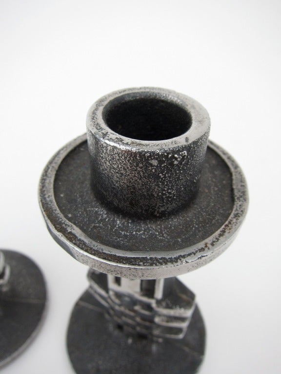 Pair of Norwegian Cast Stainless Steel Candle Holders 1