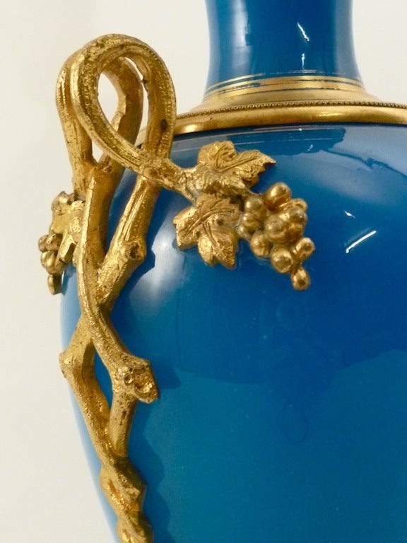 Pair French Louis Phillipe Blue Opaline & Ormolu Oil Lamps 2