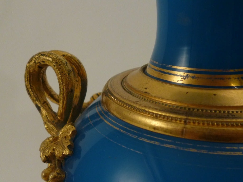 Pair French Louis Phillipe Blue Opaline & Ormolu Oil Lamps 3