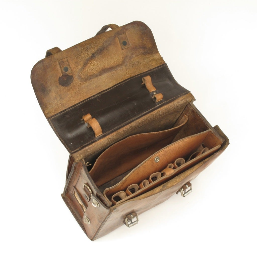 French Brown Leather Craftsman Tool Case Satchel