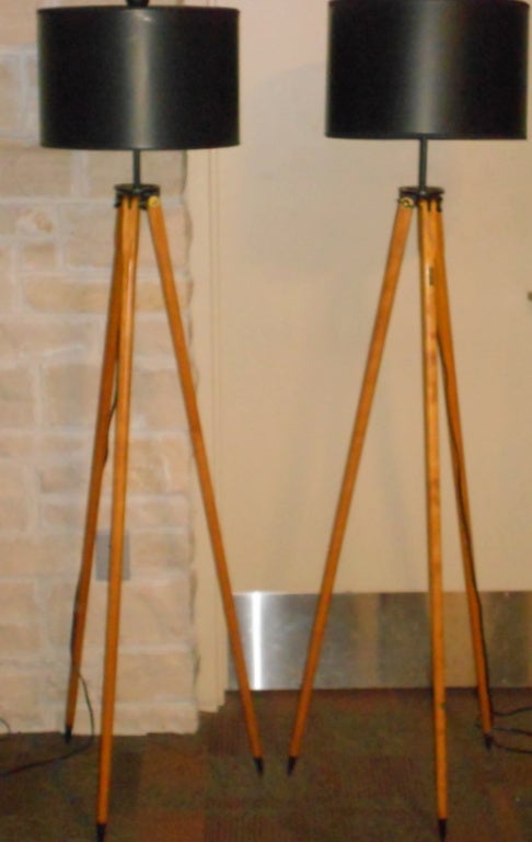 Maple Matched Pair of Vintage Surveyor Tripods as Floor Lamps