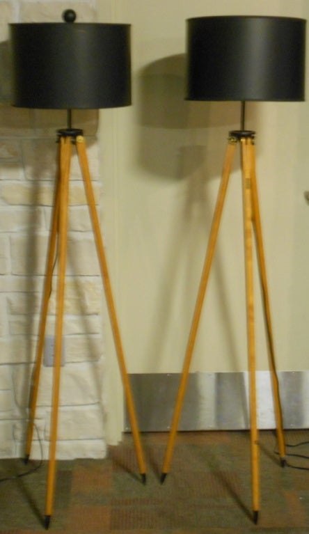 Matched Pair of Vintage Surveyor Tripods as Floor Lamps 3