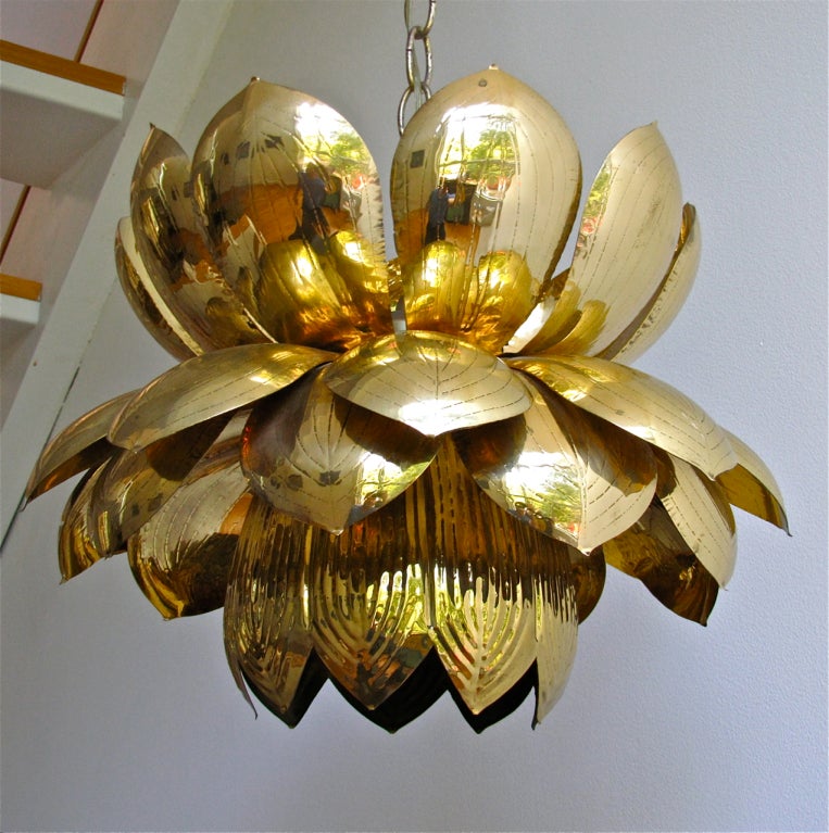 Large Rare Brass Lotus Chandelier or Pendant 1