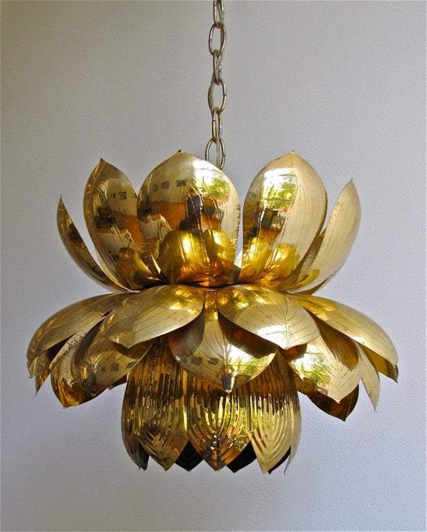 Large Rare Brass Lotus Chandelier or Pendant 4