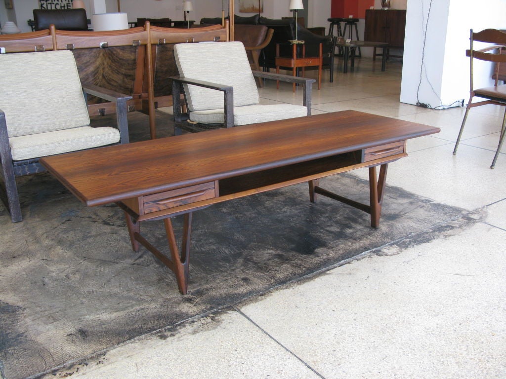 Gorgeous E. W. Bach rosewood coffee table with 2 drawers that open from either side of the table, mounted on v-shaped legs.  Manufactured by the Tofte furniture factory.  Model 32.  Also perfect as a flat screen television stand.
