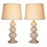 Pair of Murano Glass Lamps White Spheres & Gold