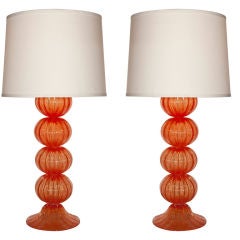 Pair of Murano Glass Lamps in Coral Orange & Gold