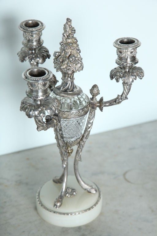 Pair of Louis XVI Style Silvered Bronze and Crystal Candelabra For Sale 5