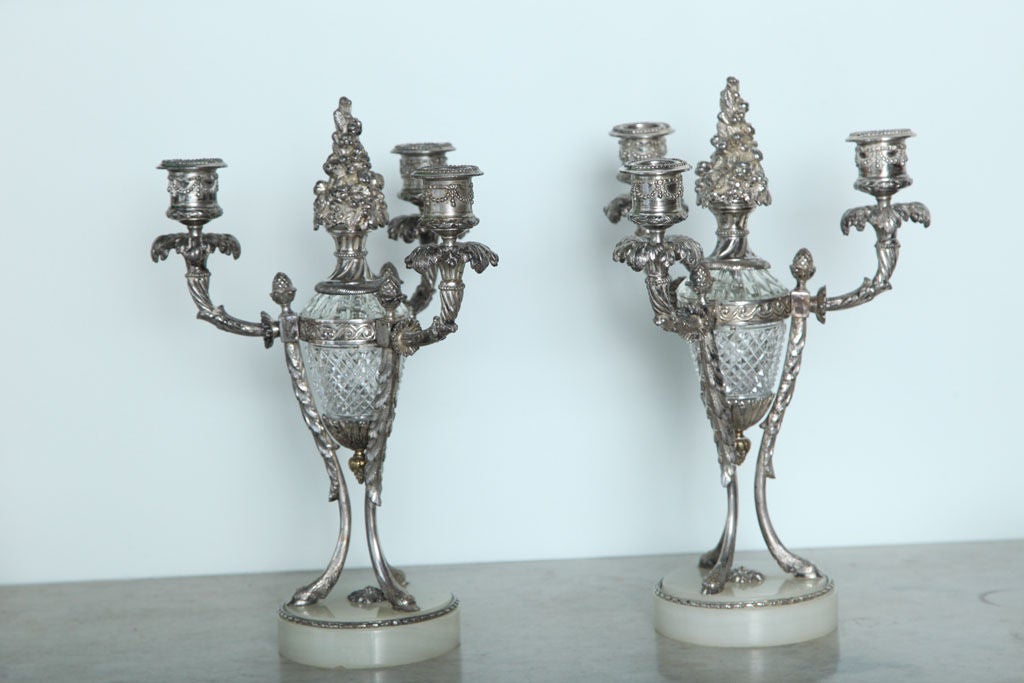 French Pair of Louis XVI Style Silvered Bronze and Crystal Candelabra For Sale