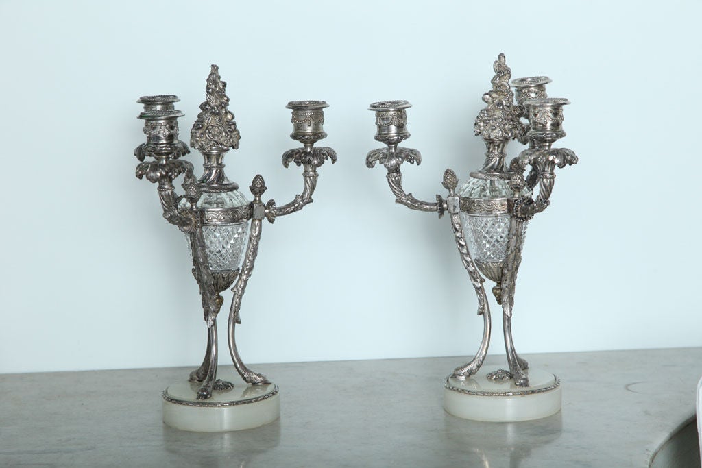 Pair of Louis XVI Style Silvered Bronze and Crystal Candelabra In Excellent Condition For Sale In Hollywood, FL