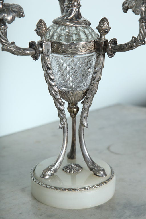 19th Century Pair of Louis XVI Style Silvered Bronze and Crystal Candelabra For Sale