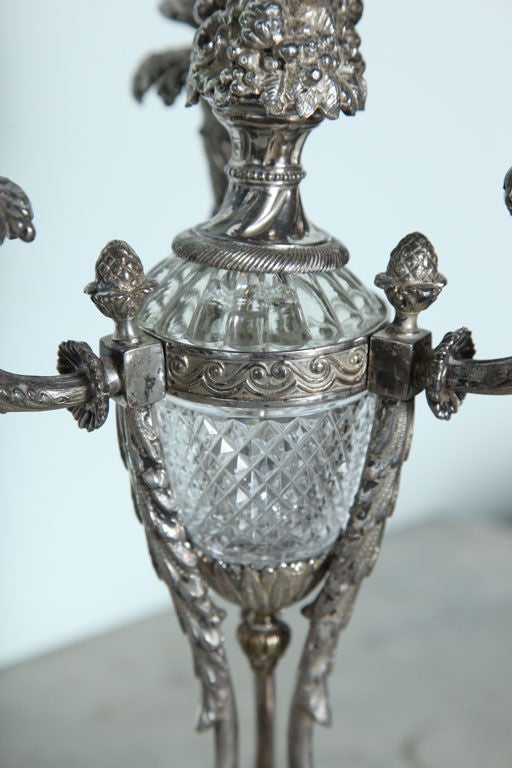 Pair of Louis XVI Style Silvered Bronze and Crystal Candelabra For Sale 2
