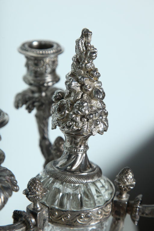 Pair of Louis XVI Style Silvered Bronze and Crystal Candelabra For Sale 3