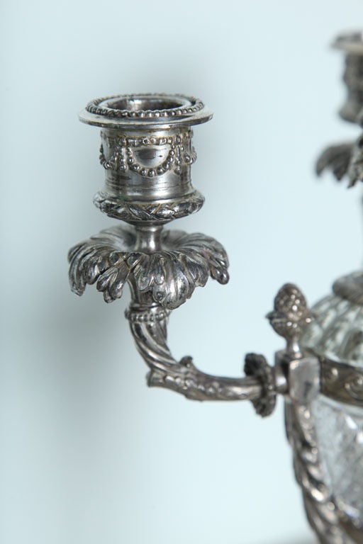 Pair of Louis XVI Style Silvered Bronze and Crystal Candelabra For Sale 4