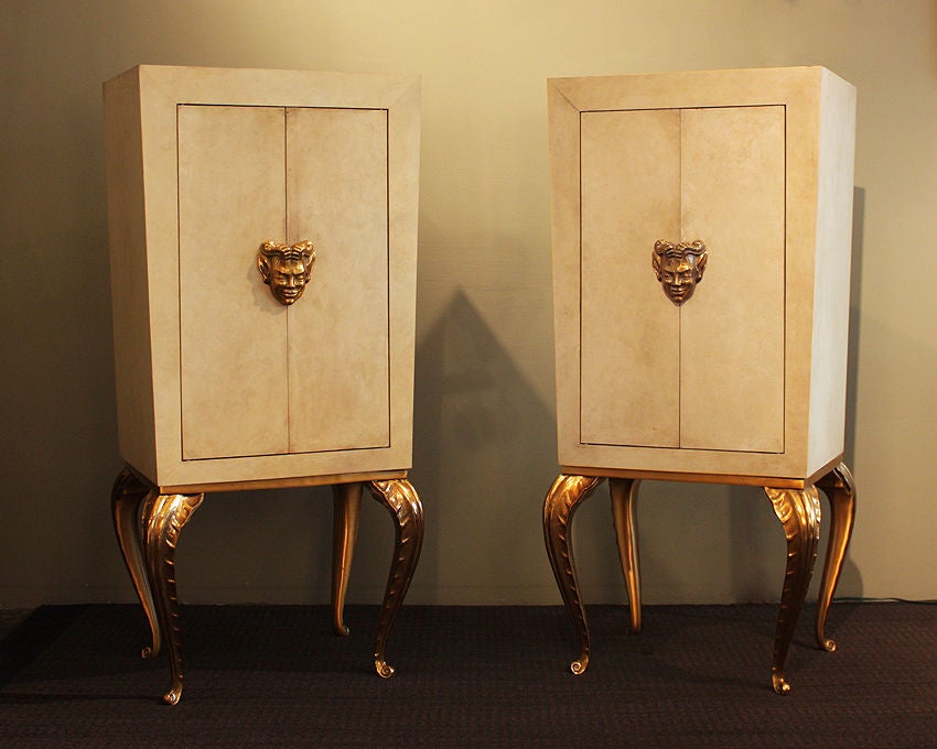 JANSEN: Pair of Bronze & Parchment Cabinets