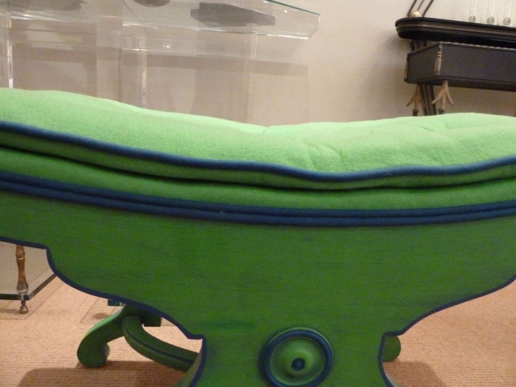 Pair of Green Painted Wood and Flannel Benches In Excellent Condition In Stamford, CT