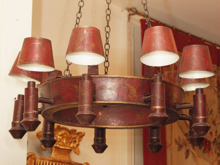 Tin Exceptional Italian Red Tole 9 Light Chandelier