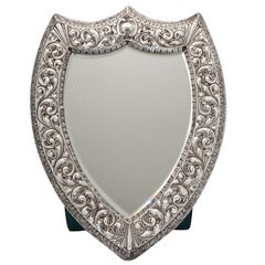 Unusual Large Sterling Silver Victorian Shield-Shaped Table or Vanity Mirror