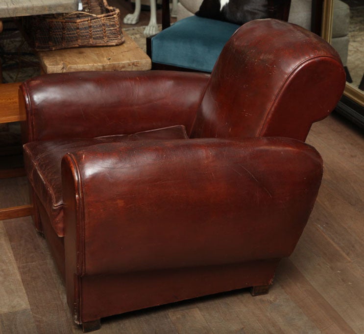 French 1930's club chair in original condition with burnished leather - new muslin on deck