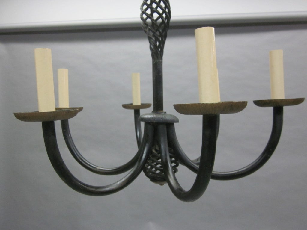 Mid-20th Century French Midcentury Wrought Iron Chandelier in Style of Gilbert Poillerat, 1940 For Sale