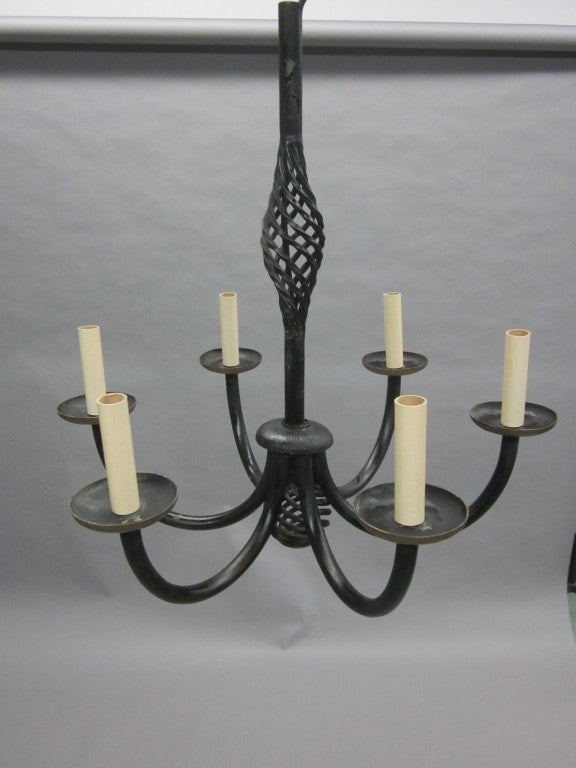 Mid-Century Modern French Midcentury Wrought Iron Chandelier in Style of Gilbert Poillerat, 1940 For Sale