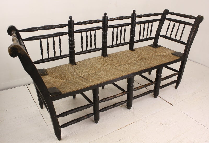 Antique French Spindle Rush Seat Bench