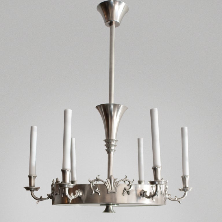 Swedish Art Deco 6-arm pewter chandelier by Carl Tingstrom In Excellent Condition In New York, NY