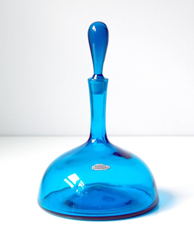 _____
(Items shown in groupings are also available individually, please email to inquire.)

LEFT: dome shaped decanter with reverse teardrop stopper, designed by Joel Philip Myers in 1966, made for 2 years only.
Design #6629 in Turquoise,