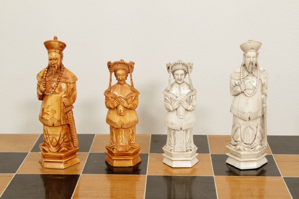 Mid-20th Century Hand Carved Ivory Chess Set