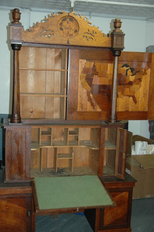 Folk Art Secretaire Cabinet with Marquetry Map of the U.S. In Good Condition In NYC, NY