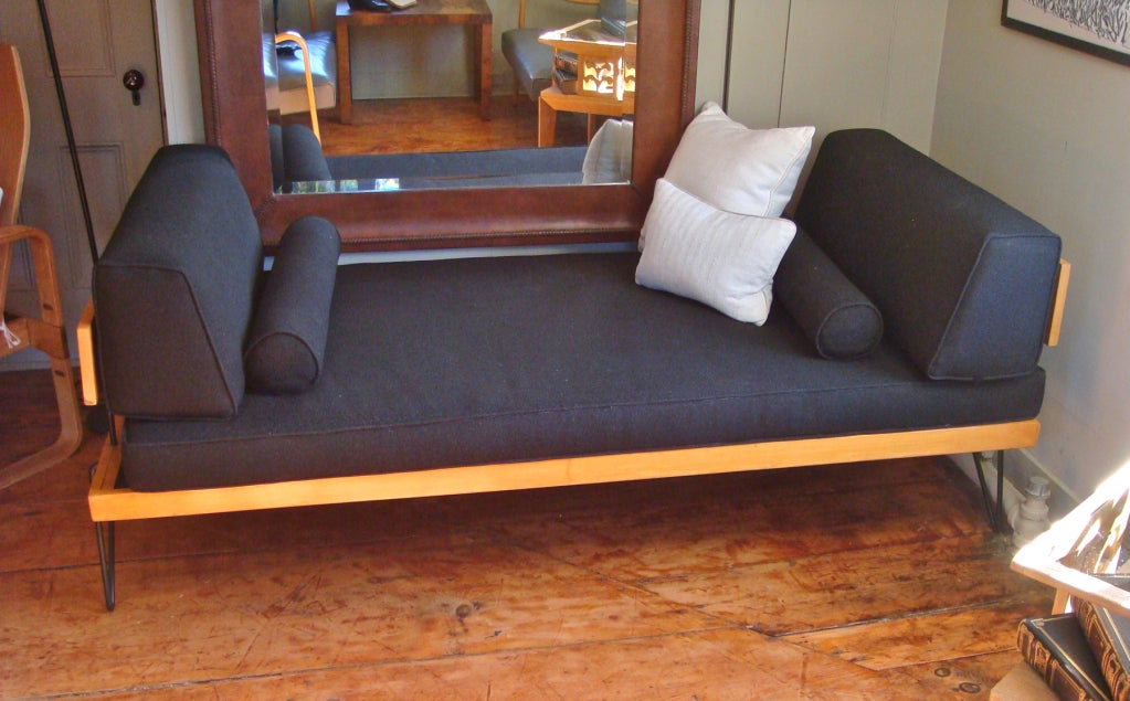 Mid century platform sofa or daybed with original upholstery in great shape. One arm is removable for tall sleepers. Standard twin size.