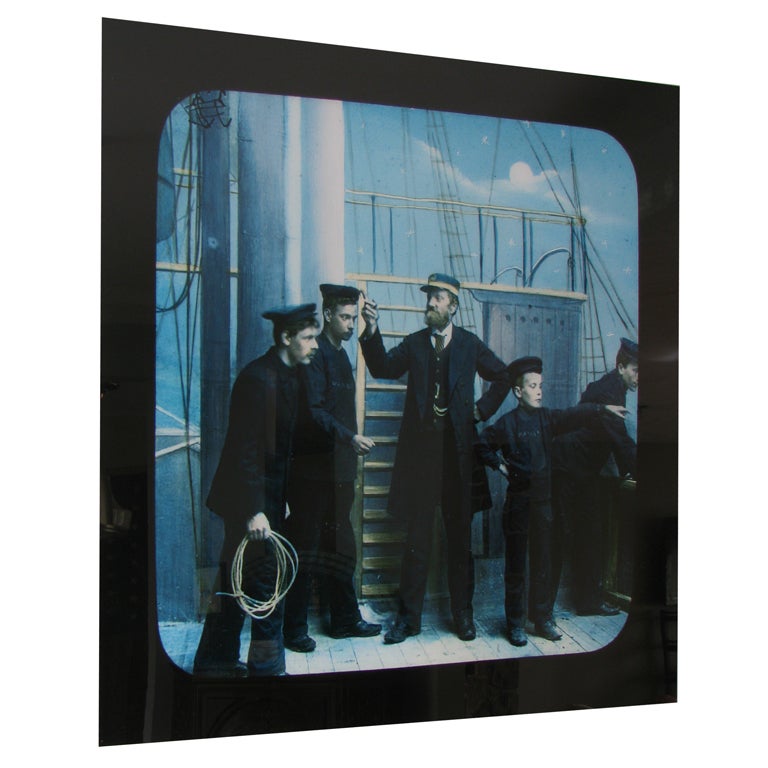 Oversized Flush Mounted Stowaway Photograph, England. Glass Magic Lantern Slide hand-painted. A French cleat floats the 35