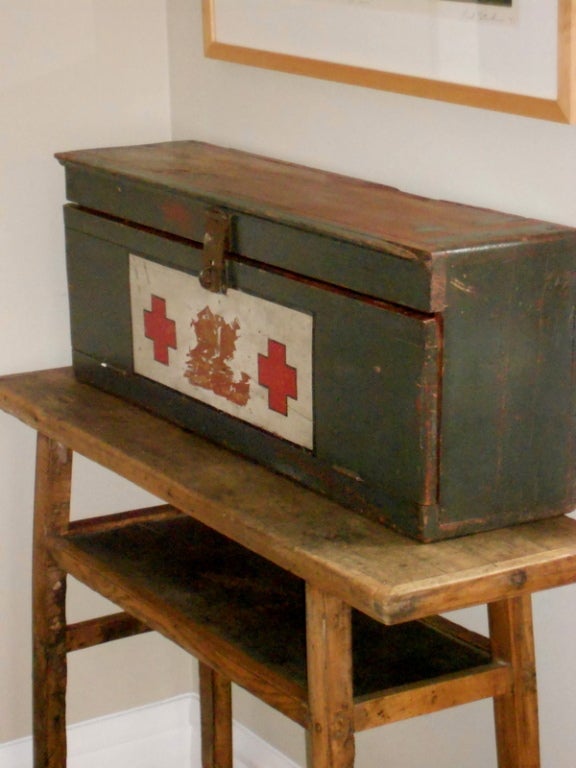 Wood Primitive Handmade Red Cross Medical Chest