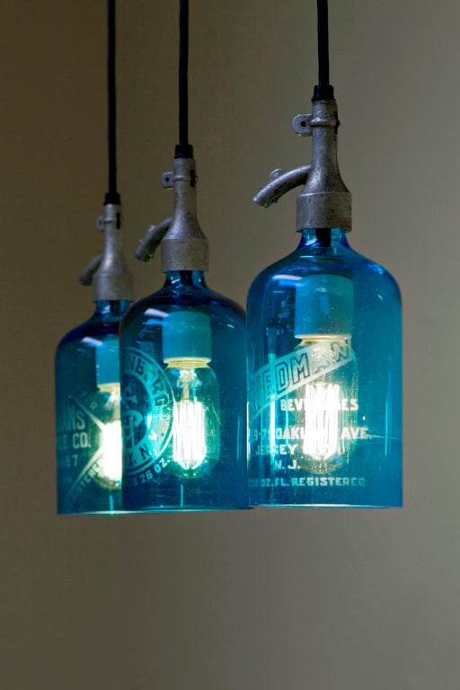 20th Century Pendant Light from Etched Glass Seltzer Water Bottle, Clear or Blue For Sale