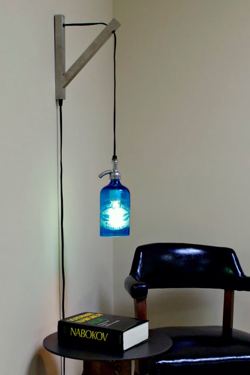 Pendant Light from Etched Glass Seltzer Water Bottle, Clear or Blue For Sale 1